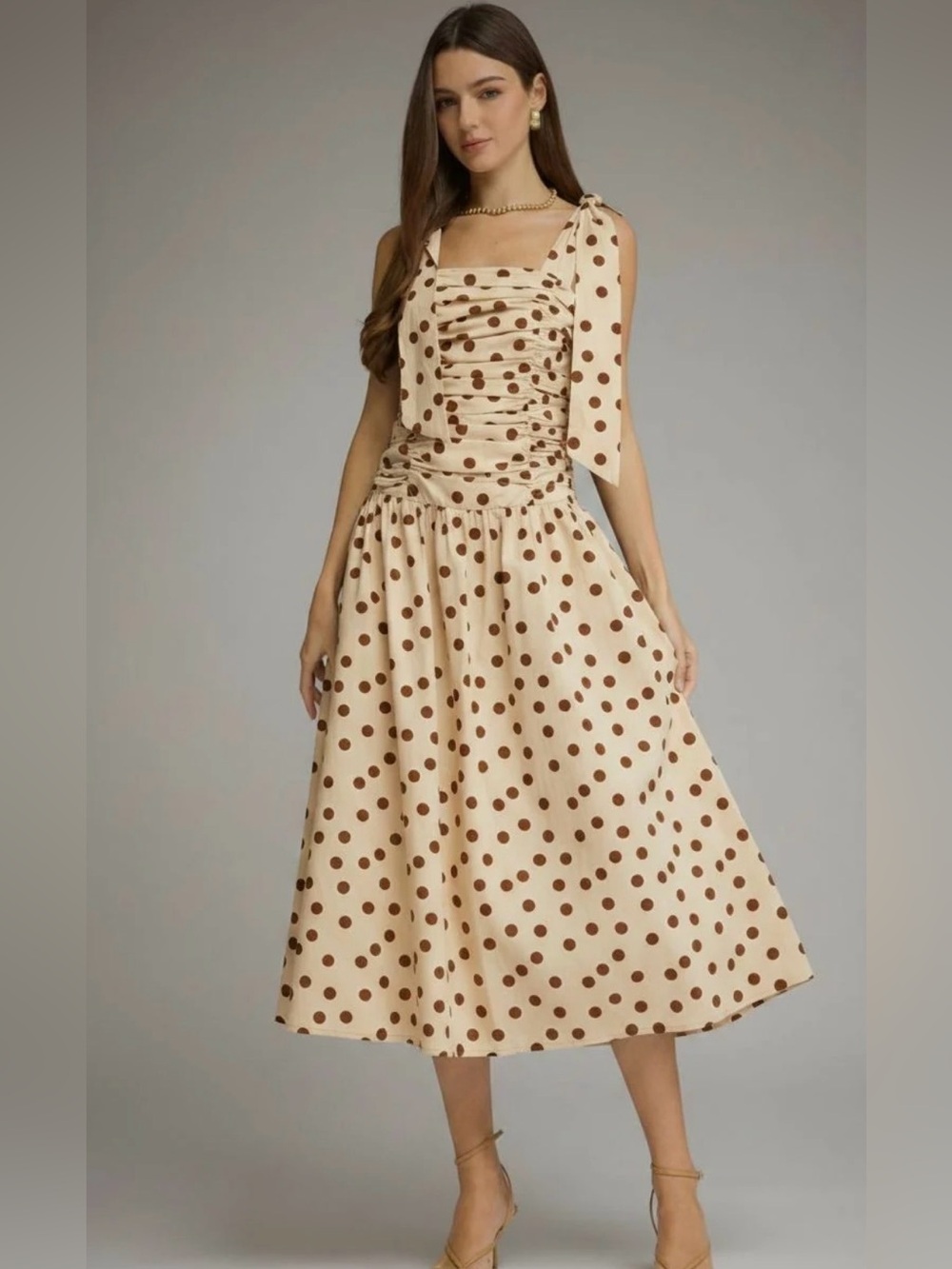 NWT entro Cream Midi Dress with Brown Polka Dots and Tie Shoulder